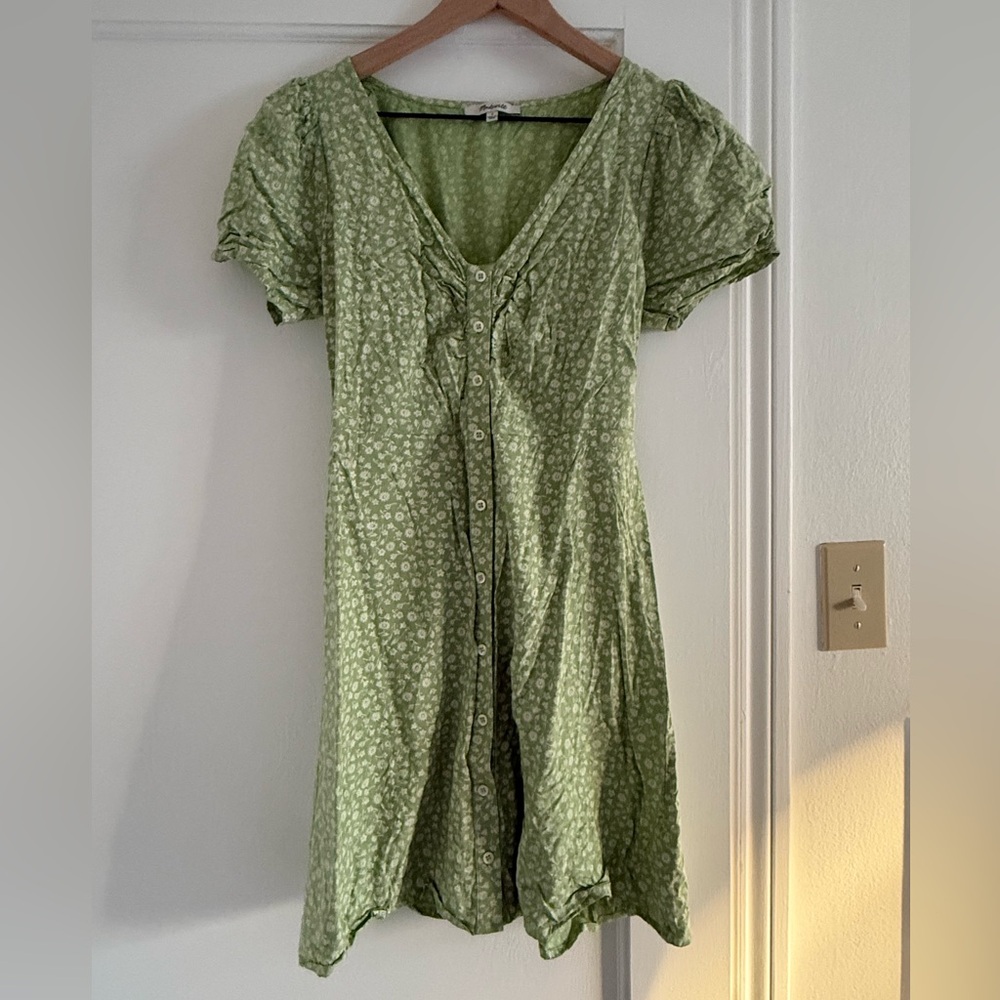 Madewell Light Green Floral V-Neck Mini Dress, Size 4